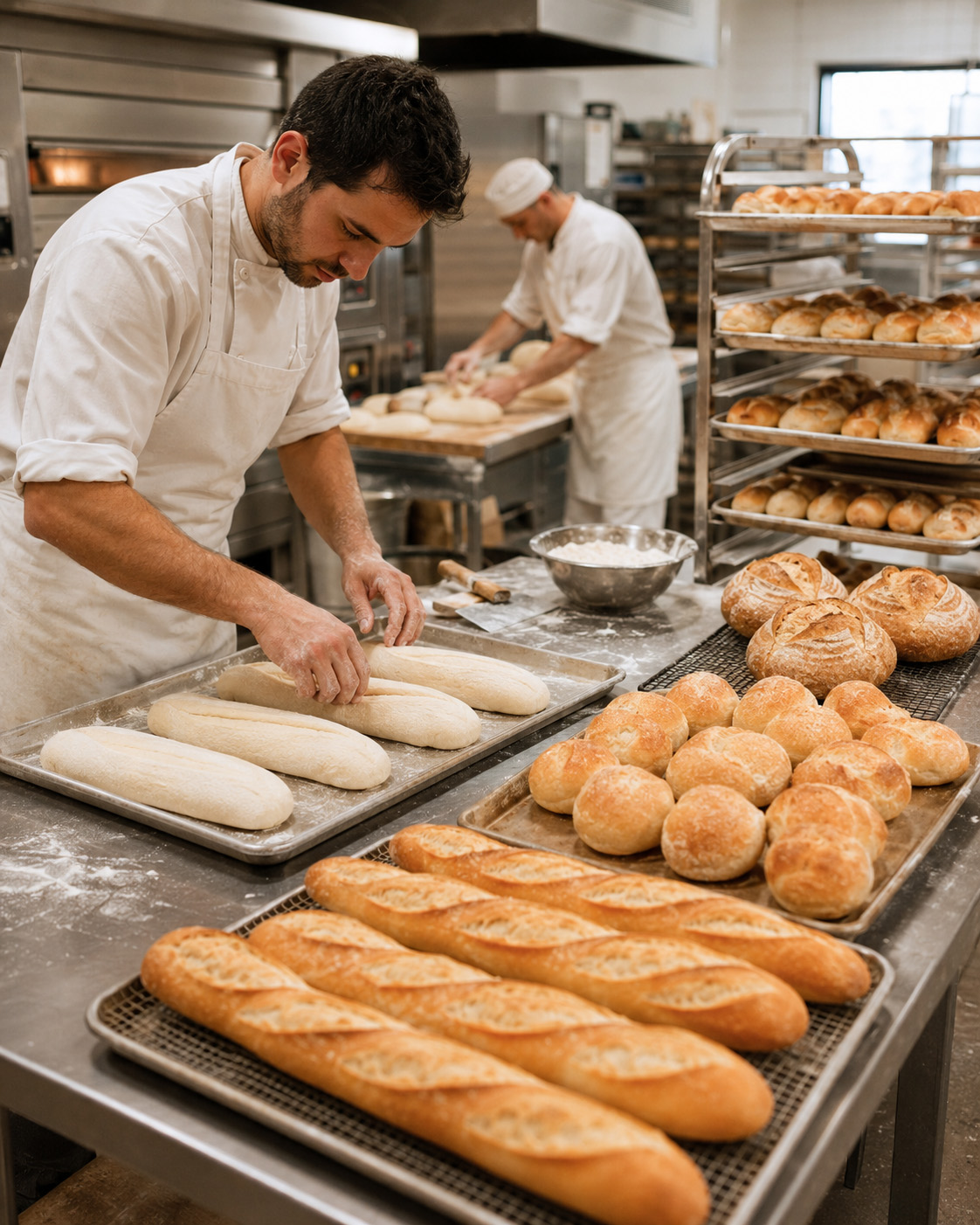 Fresh bread being prepared in De Luca's bakery