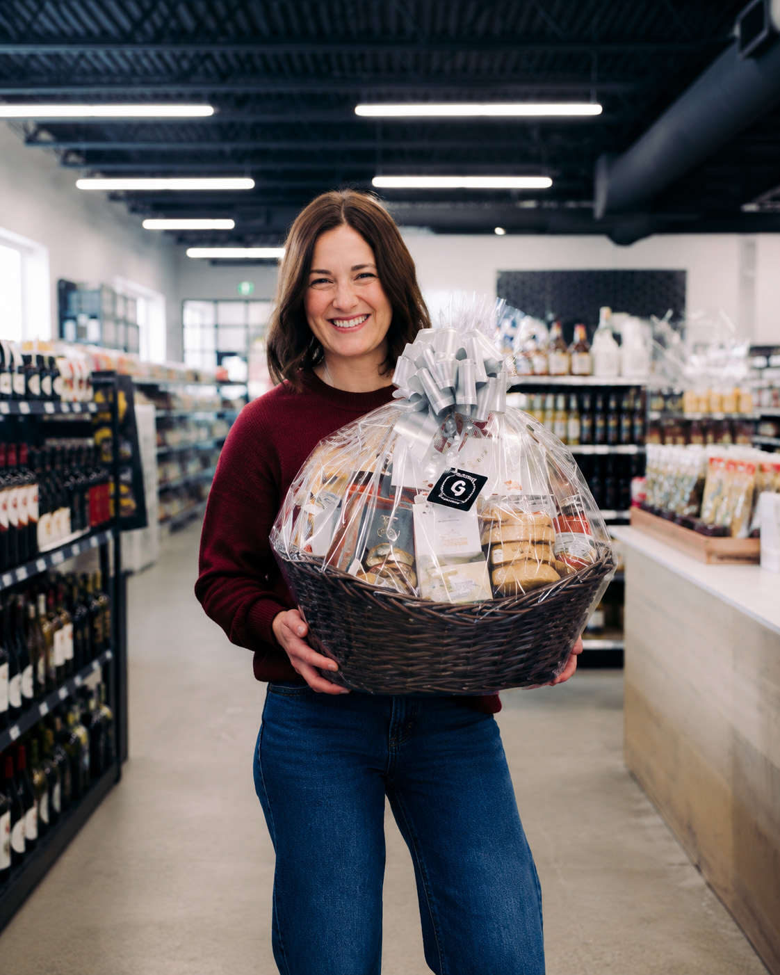 Gift baskets arranged at De Luca's