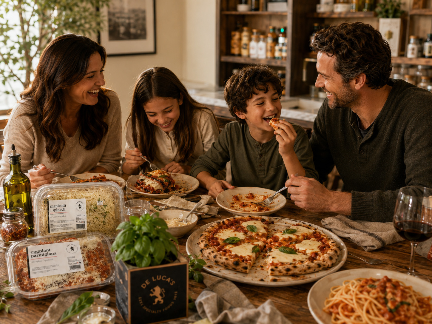 Family enjoying prepared Italian meals from De Luca's at home