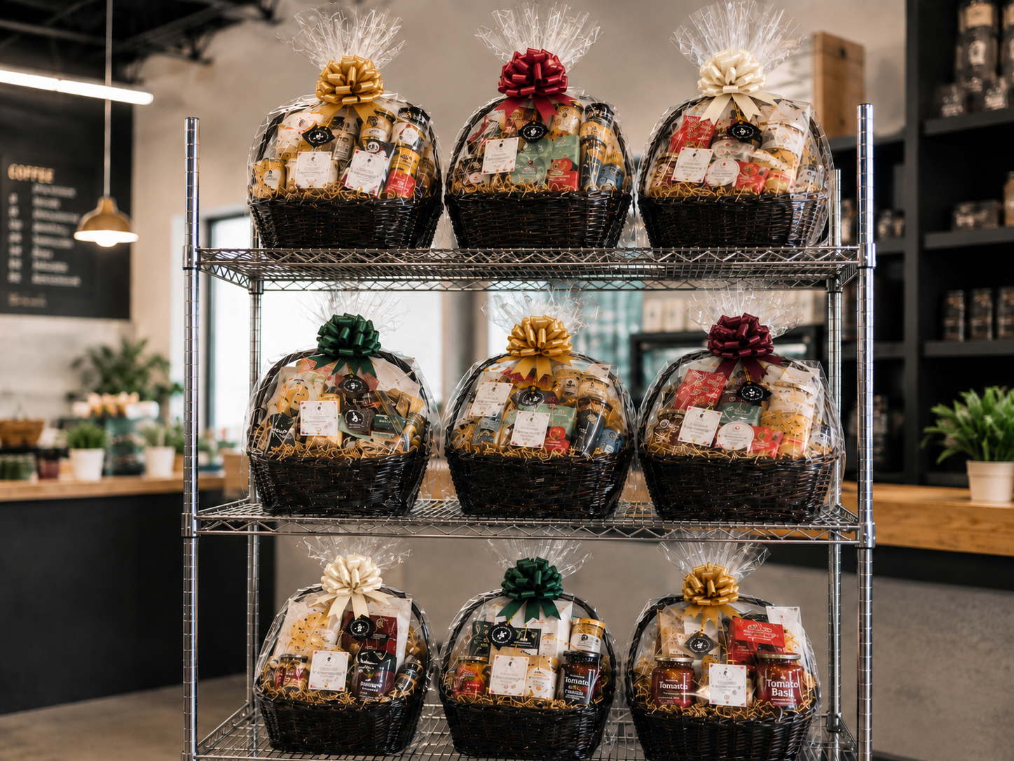 Beautifully wrapped De Luca's gift baskets