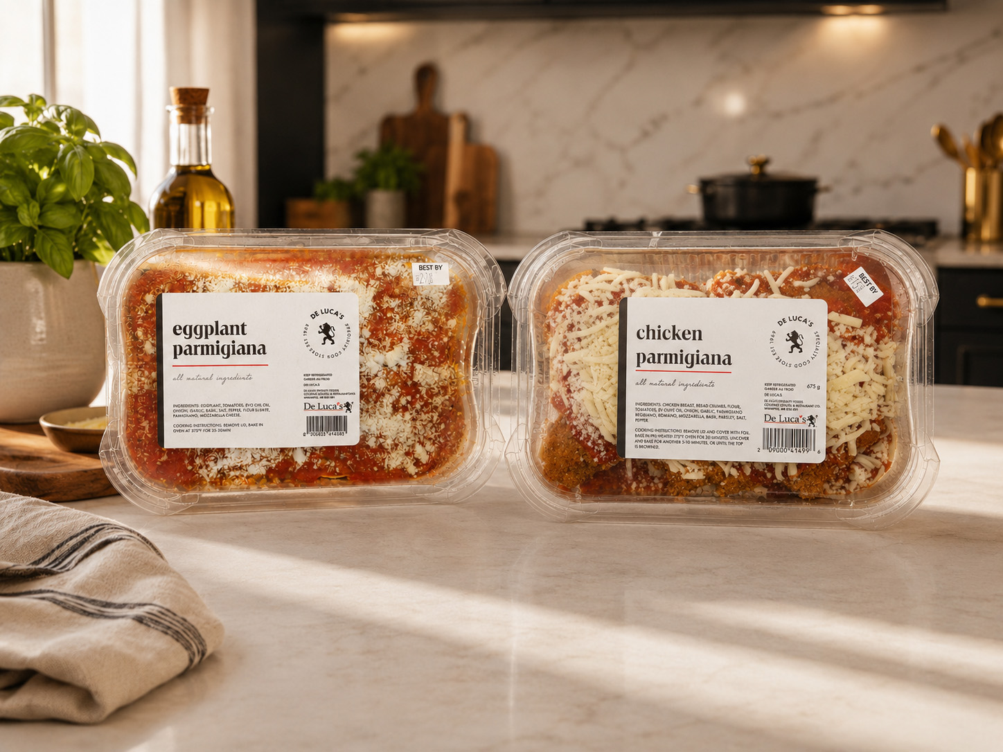 Prepared eggplant parmigiana from De Luca's