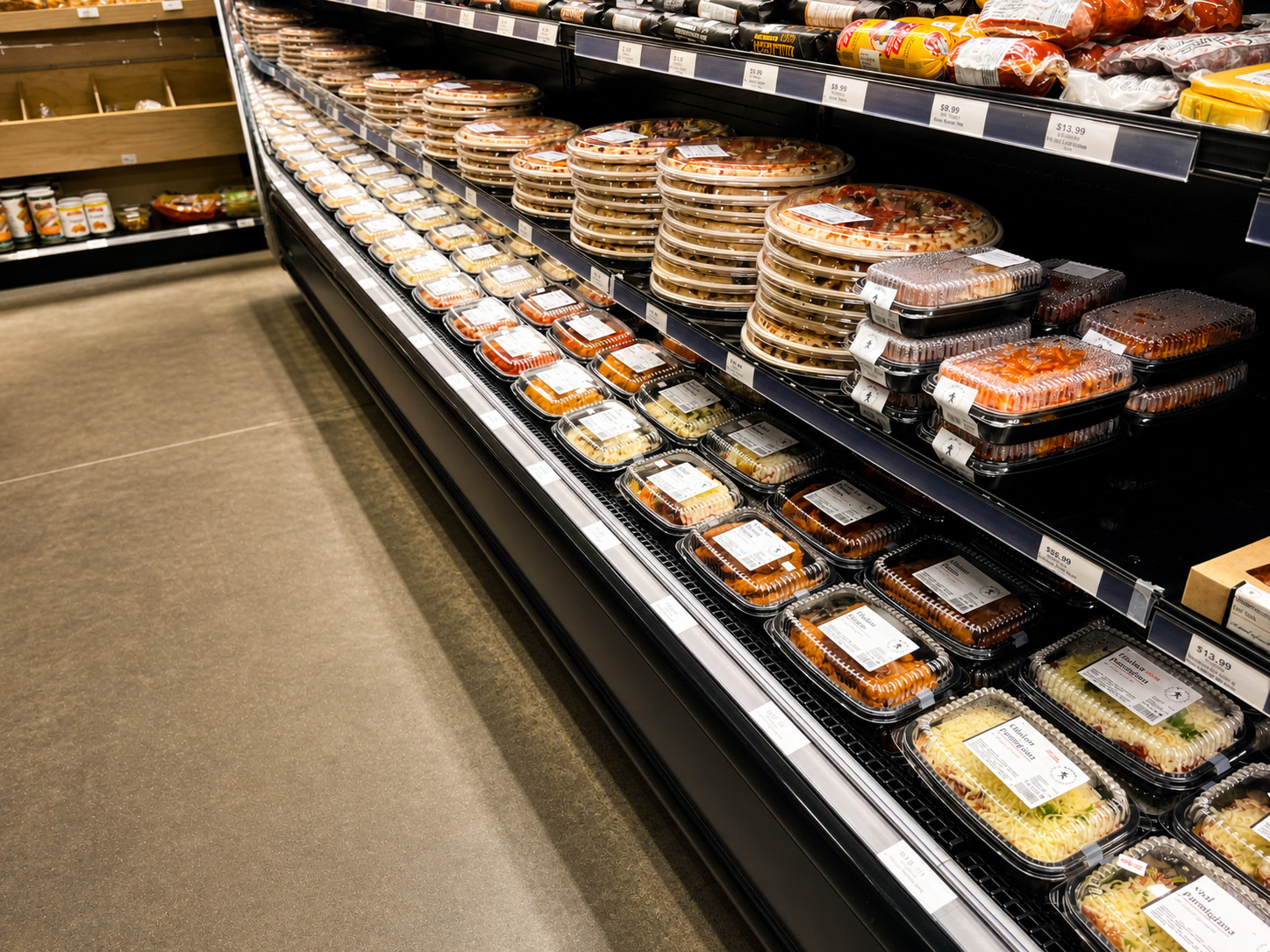 Prepared foods shelves at De Luca's Italian market in Winnipeg